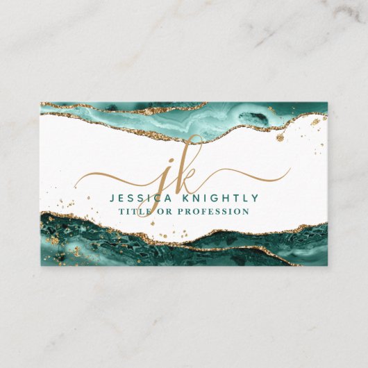 Turquoise Agate Script Monogram Gold Glitter Visitekaartje (Voorkant)