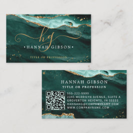 Turquoise Agate Script Monogram QR Code Glitter Visitekaartje