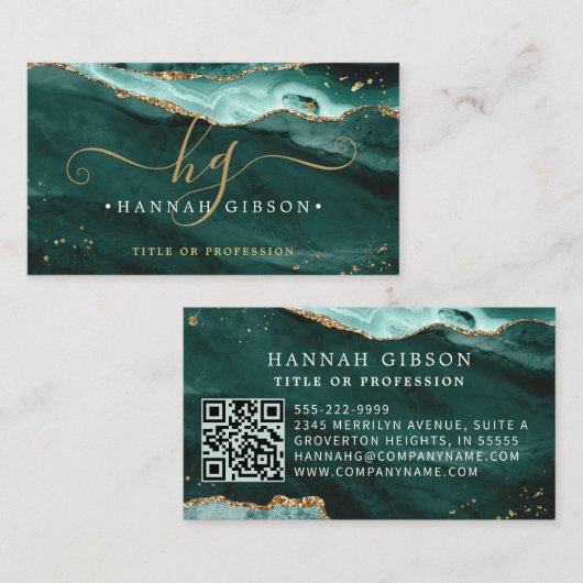 Turquoise Agate Script Monogram QR Code Glitter Visitekaartje (Voorkant / Achterkant)