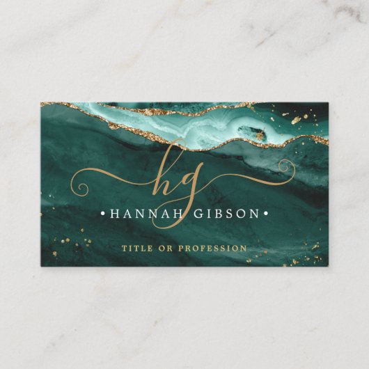 Turquoise Agate Script Monogram QR Code Glitter Visitekaartje (Voorkant)