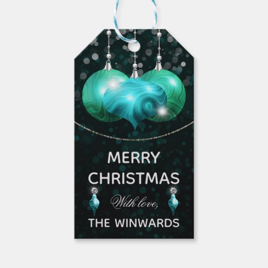 Turquoise Agate & zilveren Bellen Kerstmis Cadeaulabel (Voorkant)
