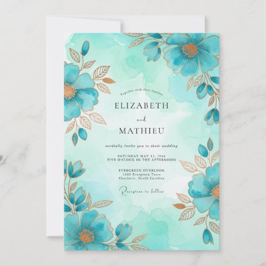 Turquoise Airy Botanical Wedding Kaart (Voorkant)