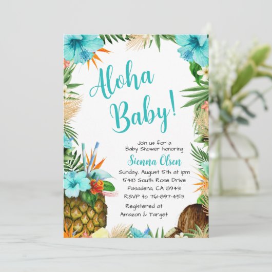 Turquoise Aloha Baby Shower, Hawaiaanse Luau Kaart (Staand voorkant)