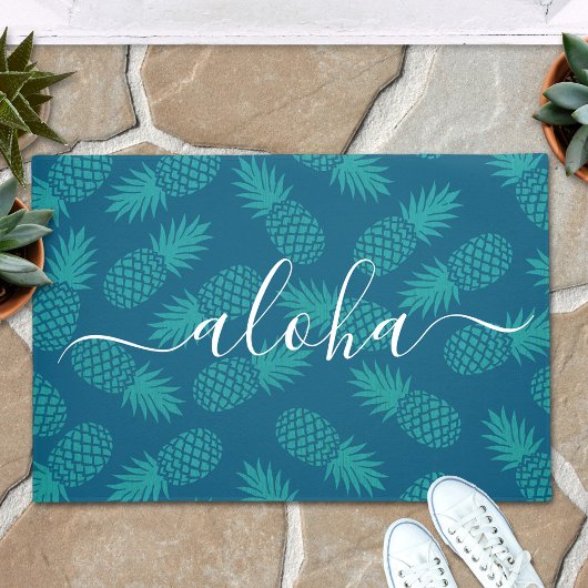 Turquoise aloha script ananaspatroon modern deurmat