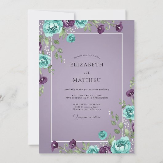 Turquoise Amethyst Ranunculus Eucalyptus Bruiloft Kaart (Voorkant)