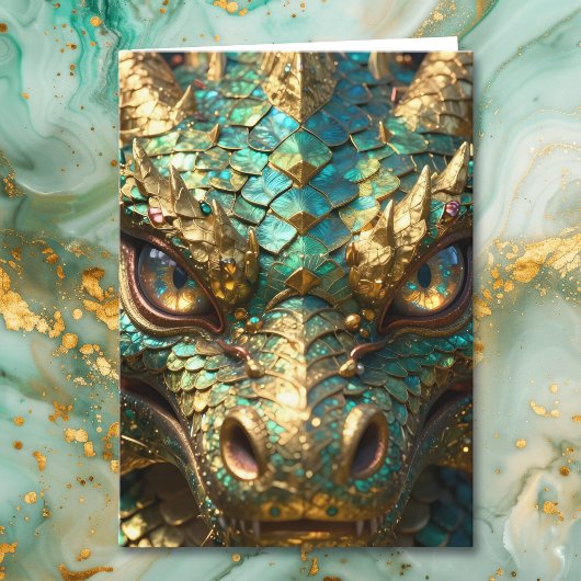 Turquoise and Gold Dragon Birthday Kaart