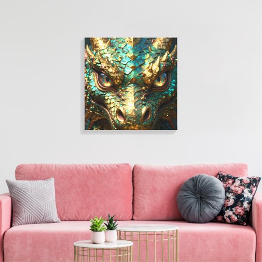 Turquoise and Gold Dragon Face Canvas Afdruk (Insitu (Woonkamer))