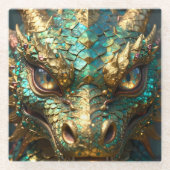 Turquoise and Gold Dragon Face Glazen Onderzetter (Voorkant)