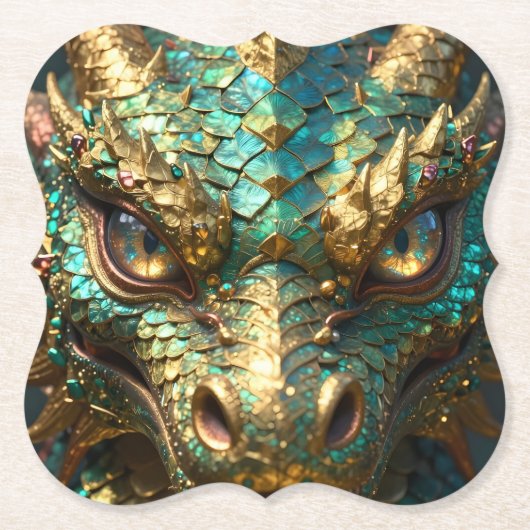 Turquoise and Gold Dragon Face Kartonnen Onderzetters (Voorkant)