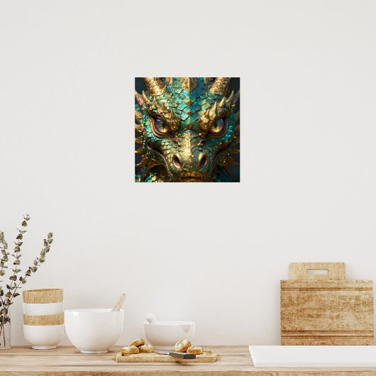 Turquoise and Gold Dragon Face Poster (Keuken)