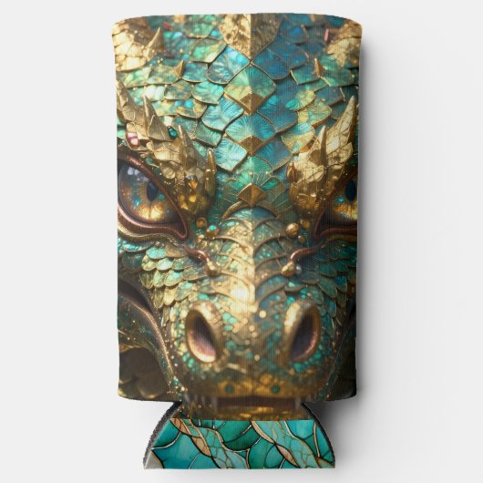Turquoise and Gold Dragon Face Seltzer Blikjeskoeler (Voorkant)