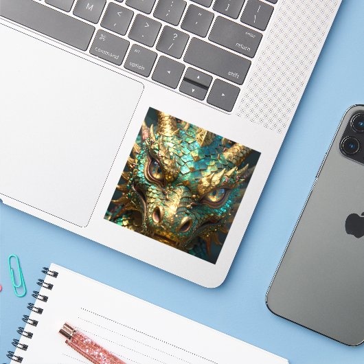 Turquoise and Gold Dragon  Sticker (Laptop met iPhone)
