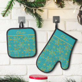 Turquoise and Gold Personalized Ovenwant & Pannenlap Set