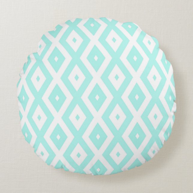 Turquoise and white diamond pattern rond kussen (Voorkant)