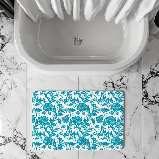 Turquoise and White Floral Damask Pattern Badmat