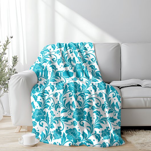 Turquoise and White Floral Damask Pattern Fleece Deken