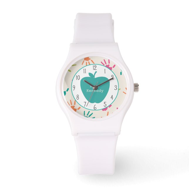 Turquoise Apple Colorful Handprint Teacher Horloge (Voorkant)