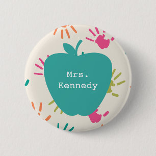 Turquoise Apple Colorful Handprint Teacher Ronde Button 5,7 Cm