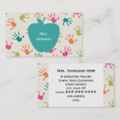 Turquoise Apple Colorful Handprint Teacher Visitekaartje (Voorkant / Achterkant)