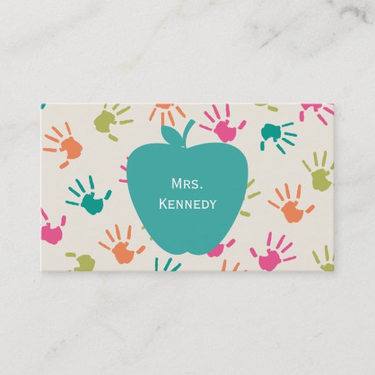 Turquoise Apple Colorful Handprint Teacher Visitekaartje (Voorkant)