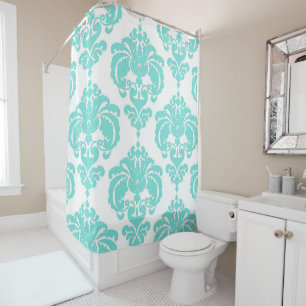Turquoise Aqua Blauw & Wit Koninklijk Glam Damast Douchegordijn