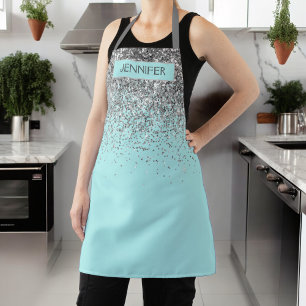 Turquoise Aqua Blauwe Glitter Meisjesnaam Monogram Schort