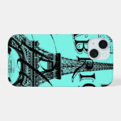 turquoise aqua blauwe scripts Parijs Eiffeltoren iPhone 15 Case (Achterkant horizontaal)