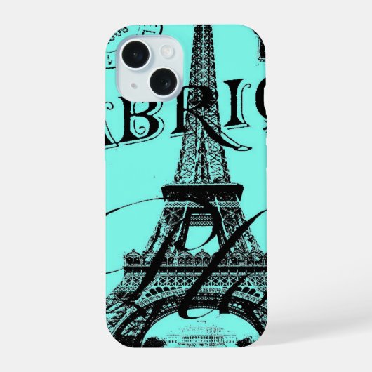 turquoise aqua blauwe scripts Parijs Eiffeltoren iPhone 15 Case (Achterkant)