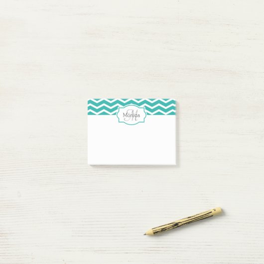 Turquoise Aqua Blauwgroen Chevron Name Monogrammed Post-it® Notes (Op bureau)