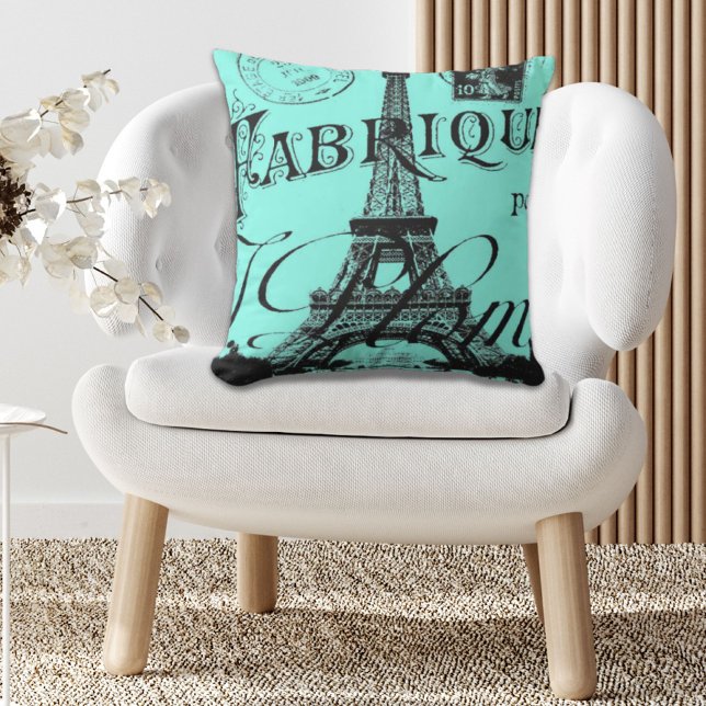 turquoise aqua blauwgroen scripts Paris Eiffel Tow Buitenkussen (turquoise aqua teal scripts Paris Eiffel Tower Outdoor Pillow)