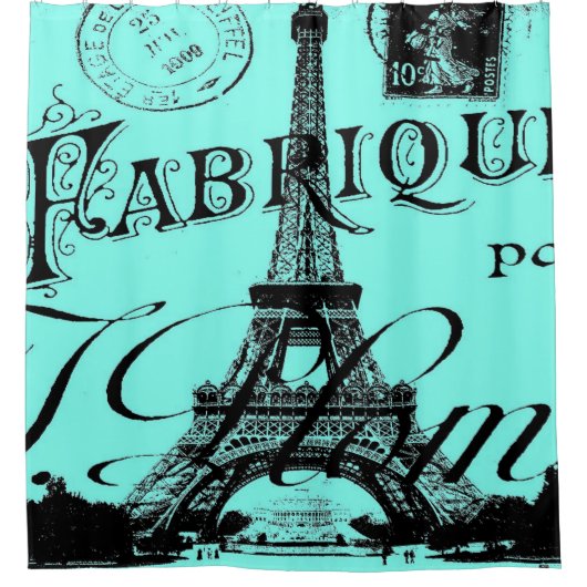 turquoise aqua blauwgroen scripts Paris Eiffel Tow Douchegordijn (Voorkant)