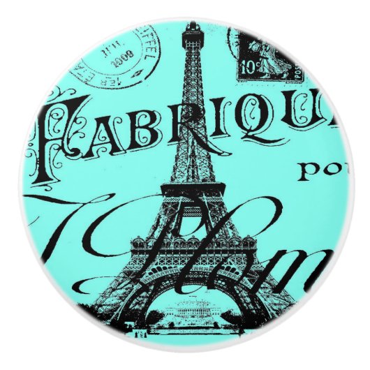 turquoise aqua blauwgroen scripts Paris Eiffel Tow Keramische Knop (Voorkant)