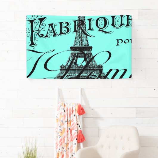 turquoise aqua blauwgroen scripts Paris Eiffel Tow Spandoek (Insitu)