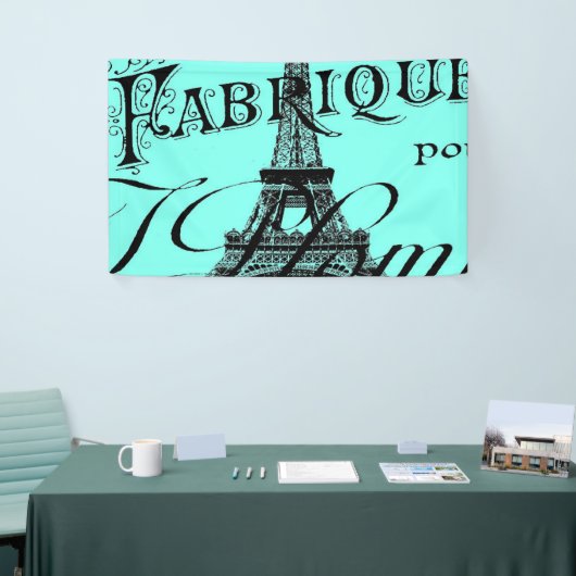 turquoise aqua blauwgroen scripts Paris Eiffel Tow Spandoek (Beurs)