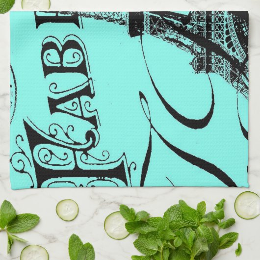 turquoise aqua blauwgroen scripts Paris Eiffel Tow Theedoek (Gevouwen)