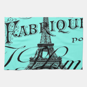 turquoise aqua blauwgroen scripts Paris Eiffel Tow Theedoek