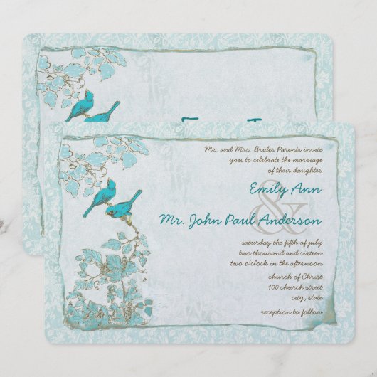  Turquoise Aqua Blue Birds Damask Wedding Kaart (Voorkant / Achterkant)