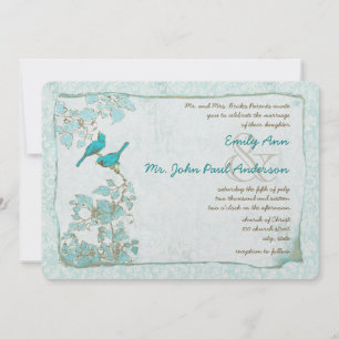  Turquoise Aqua Blue Birds Damask Wedding Kaart