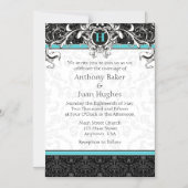 Turquoise Aqua Blue Black Monogram Weddenschap Magnetische Uitnodiging (Voorkant)