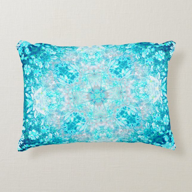 Turquoise Aqua Blue Floral Pattern Accent Kussen (Voorkant)