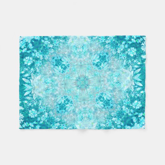 Turquoise Aqua Blue Floral Pattern Fleece Deken (Voorkant (Horizontaal))