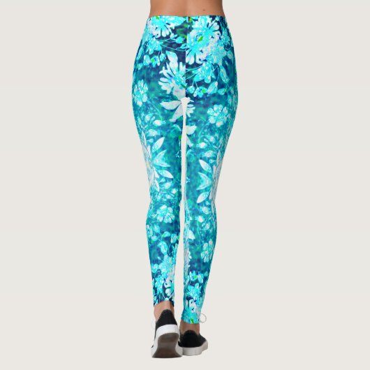 Turquoise Aqua Blue Floral Pattern Leggings (Achterkant)
