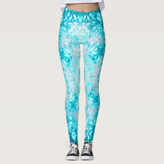 Turquoise Aqua Blue Floral Pattern Leggings (Voorkant)