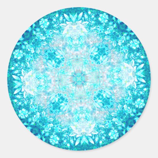 Turquoise Aqua Blue Floral Pattern Ronde Sticker (Voorkant)