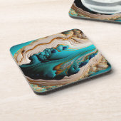 Turquoise Aqua Blue Gold Gemstone Acrylpour Art Bier Onderzetter (Linkerzijde)