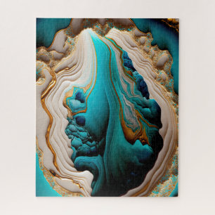 Turquoise Aqua Blue Gold Gemstone Acrylpour Art Legpuzzel