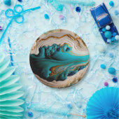 Turquoise Aqua Blue Gold Gemstone Acrylpour Art Papieren Bordje (Feest)