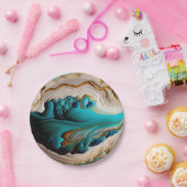 Turquoise Aqua Blue Gold Gemstone Acrylpour Art Papieren Bordje (Feest)