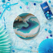 Turquoise Aqua Blue Gold Gemstone Acrylpour Art Papieren Bordje (Feest)