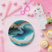 Turquoise Aqua Blue Gold Gemstone Acrylpour Art Papieren Bordje (Feest)